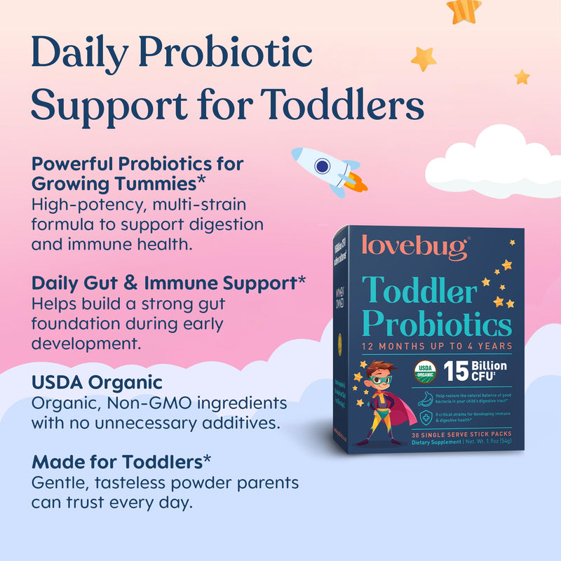 LOVEBUG Award Winning Probiotics | Constipation & Stomach Discomfort | Softer Bowel Movements | Easy-to-Take Powder | Ages 12 Months to 4 Years | 60 Packets 60 Pack (Pack of 1)
