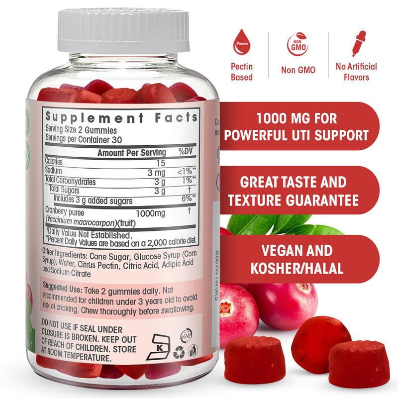 Cranberry Gummies 1000 mg - Cranberry Supplement Alternative to Cranberry Pills or Juice for Women, Men, Kids. Cranberry for Urinary Tract Health, UTI Relief- Vegan, Halal, Kosher Chews- 60 Gummies - BeesActive Australia