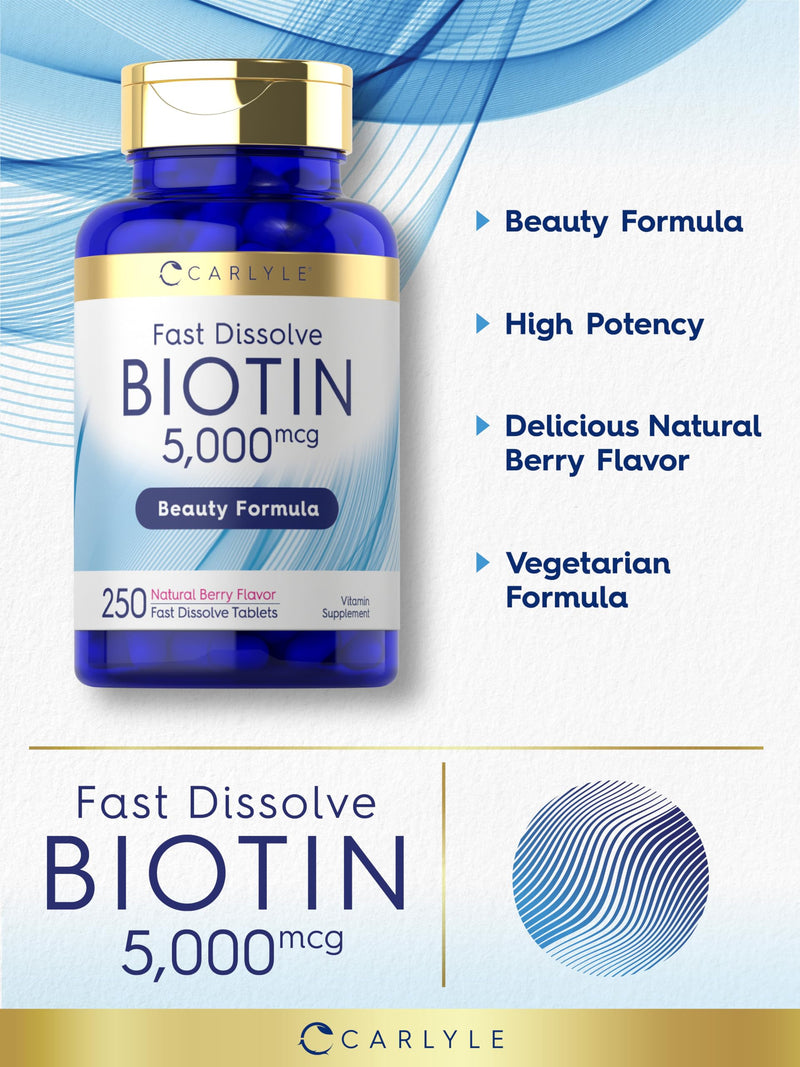 Carlyle Biotin 5000mcg | 250 Fast Dissolve Tablets | for Hair, Skin & Nails | Vegetarian, Non-GMO and Gluten Free Supplement 250 Count (Pack of 1)