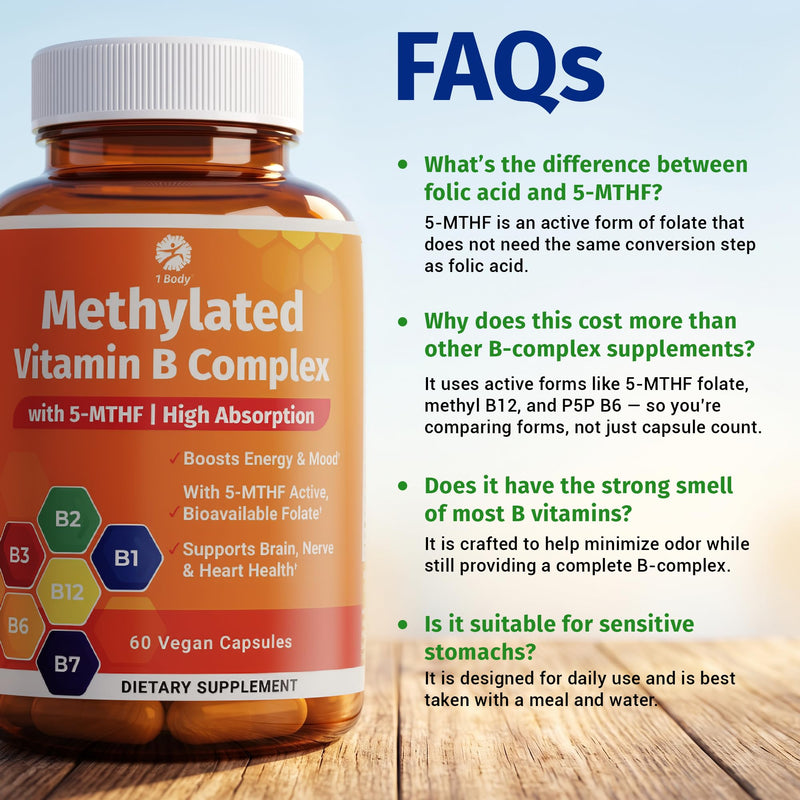 1 Body Methylated Vitamin B Complex, 5-MTHF & Methyl B12, 60 Capsules | 5-MTHF, Methyl B12 60 Count (Pack of 1)