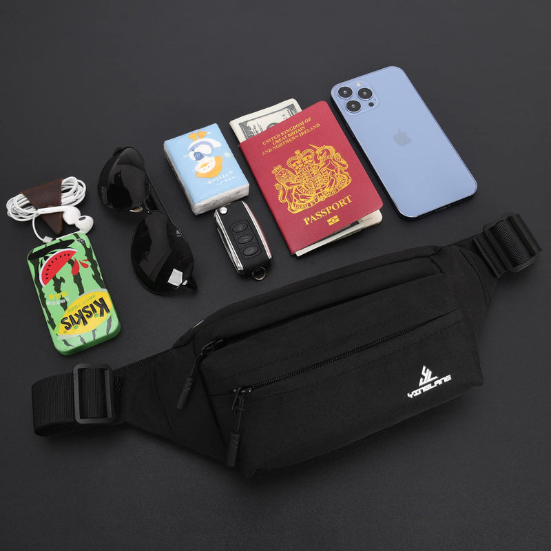 Fanny Pack with 4-Zipper Pockets for Men Women, Crossbody Waist Pack Gifts for Running Hiking Travel Workout Dog Walking Outdoors Sport Hands-Free Wallets Phone Bag Carrying All Phones Black