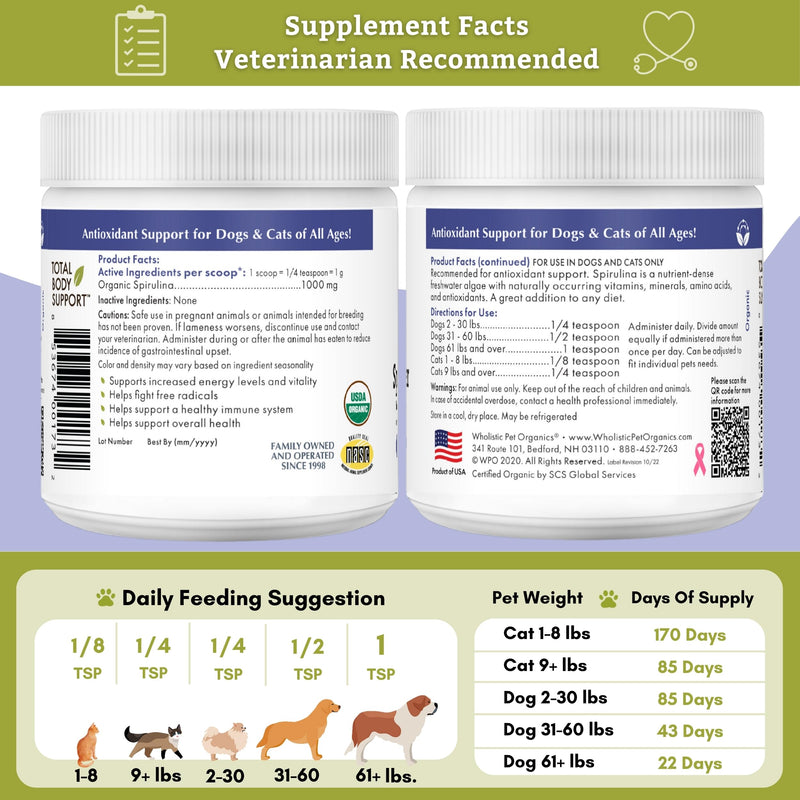 Wholistic Pet Organics Spirulina Powder Organic for Dogs Super Greens Powder Seasonal Allergy Support Supplement Dog Multivitamin USDA Certified Immune Support Vitamins Antioxidants and Minerals 3oz - PawsPlanet Australia