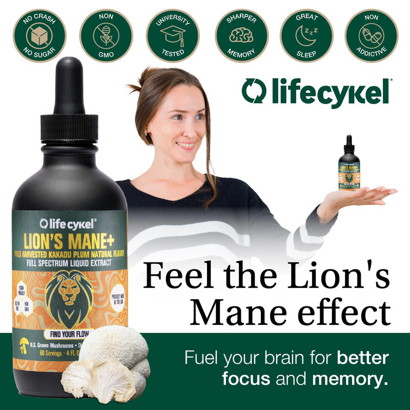 Life Cykel - Lion's Mane Mushroom Extract with Kakadu Plum - Brain Booster Nootropic for Memory, Focus & REM Sleep - Non-GMO, Organic Mushroom Tincture - 4 Fl Oz (60 Servings) 4 Fl Oz (Pack of 1)