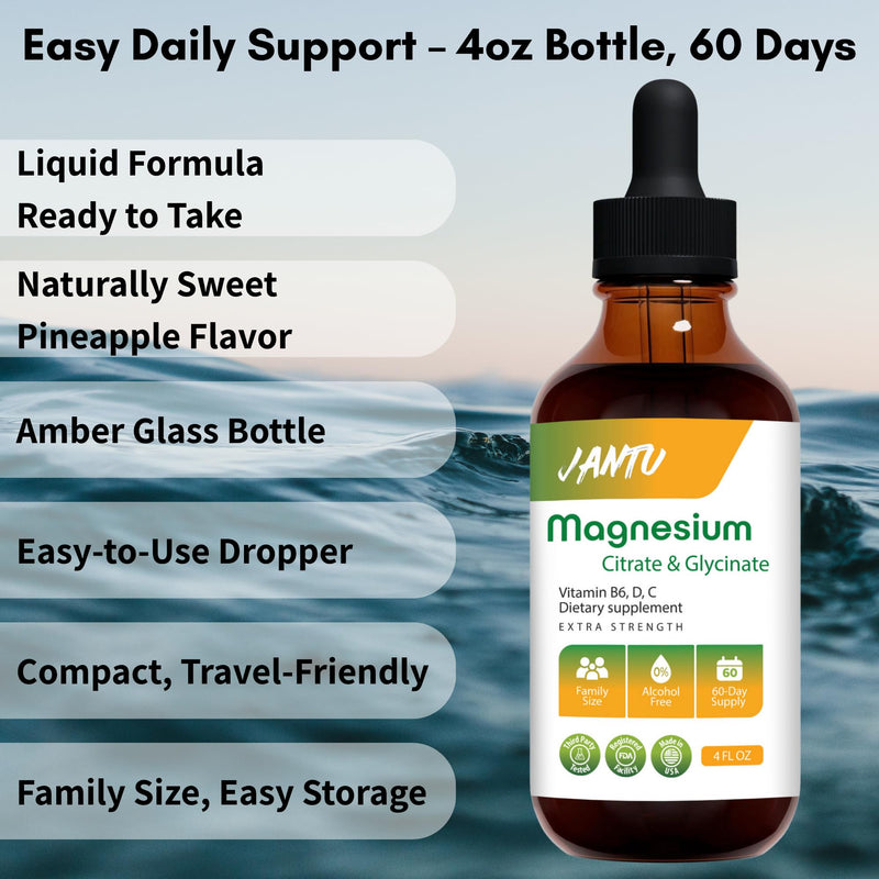 JANTU High‑Absorption Liquid Magnesium Citrate & Glycinate with Vitamins B6 D3 C & Potassium – Alcohol‑Free, Glycerin‑Based, Vegan, 60‑Day Supply – 4 oz