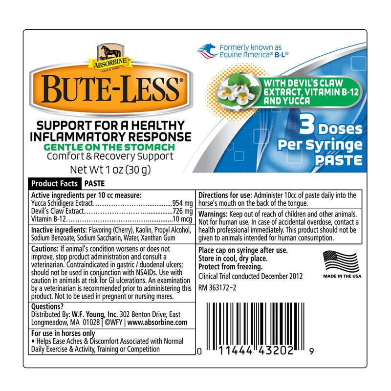 Absorbine Bute-Less Long-Term Horse Comfort & Recovery Supplement Paste, Gentle on Stomach, Devil’s Claw, Vitamin B-12, Yucca, 1oz Syringe / 3 Doses 1 oz