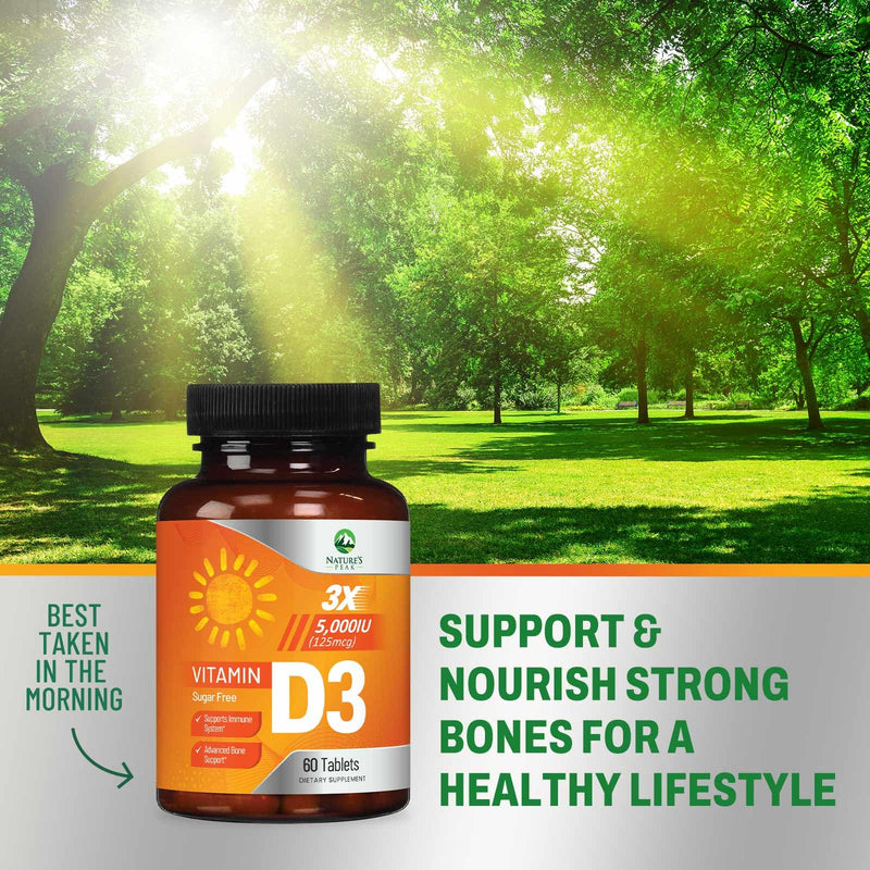 Vitamin D3 5000iu (125 mcg) Per Serving - 3X Strength Immune Health Support Vitamin D Dietary Supplement for Bone, Teeth, Muscle - Vit D, Vegan, Gluten Free, Raspberry Flavor - 60 Chewable Tablets 60 Count (Pack of 1)