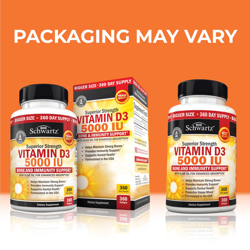 Vitamin D3 5000 IU (125 mcg) Supplement, 360 Softgels | Immune Support, Bone Strength, Healthy Muscle Function, with Olive Oil for Highest Absorption, Gluten Free & Non-GMO