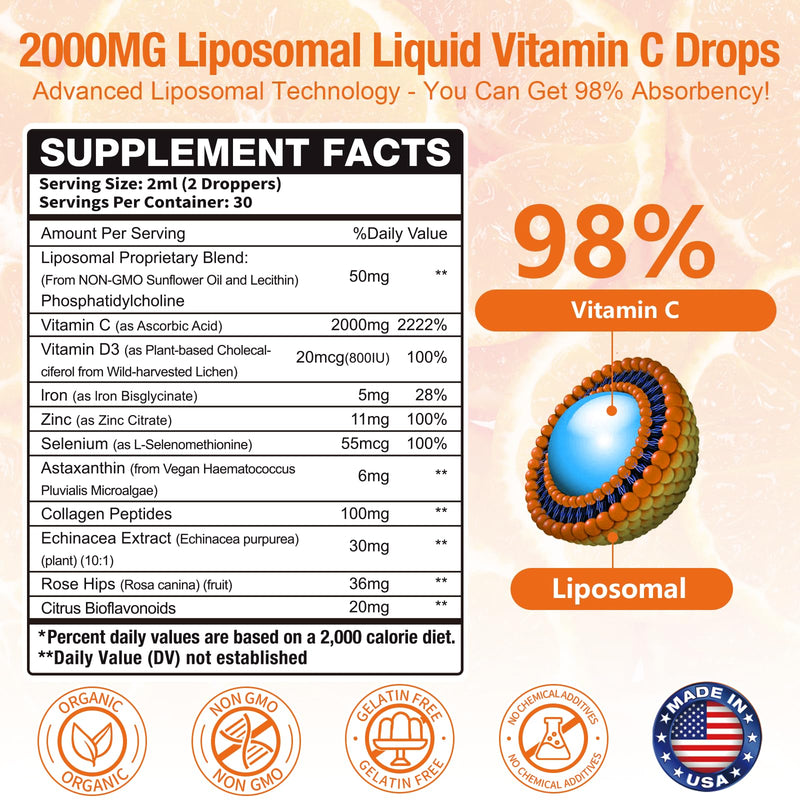 2 Packs Liquid Vitamin C Drops 2000mg, 11-in-1 Liposomal Vitamin C Complex | Support Antioxidant, Skin & Immunity| for Women & Men| with Rose Hips, Echinacea, Citrus Bioflavonoids, Zinc & Vitamin D3 2 Fl Oz (Pack of 2)
