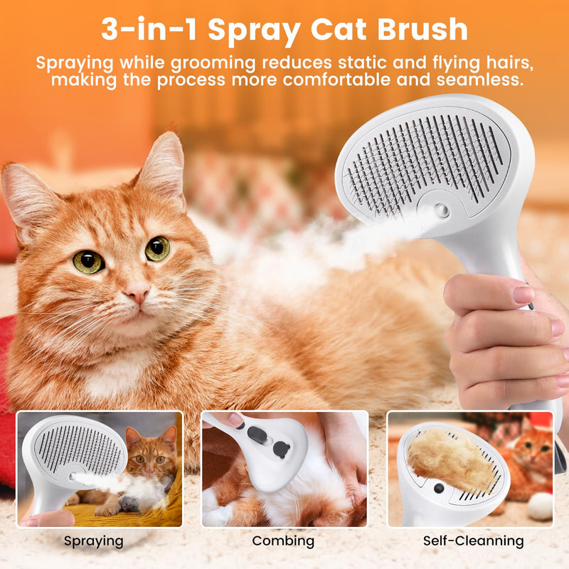 Cat Steam Brush, 3 in 1 Cat Brush for Shedding & Grooming Rechargeable, Water Brush for Cats & Dogs, Small Animal Hair Removal Comb Tool, Pet Self Cleaning Slicker Brush with Release Button White - BeesActive Australia