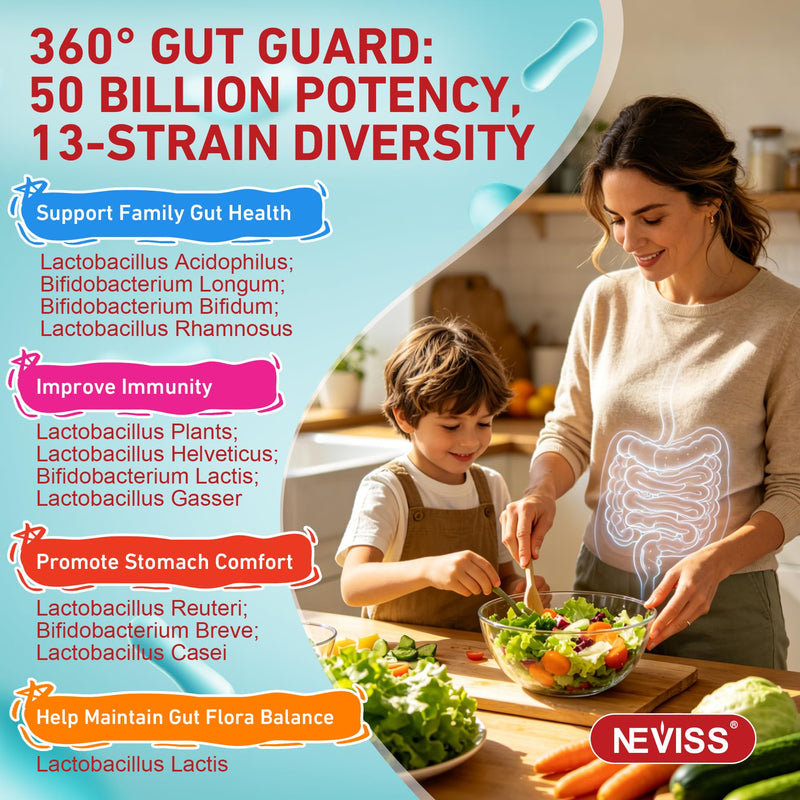 NEVISS Prebiotic Gummies for Adults & Kids 4+, Chewable Probiotic 120Cts | 50 Billion CFUs w/Fiber, Vitamin B1 B2 D3 & Zinc, for Digestive & Gut Health, Boost Microflora Diversity, Sugar Free,Vegan 60 Count (Pack of 2)
