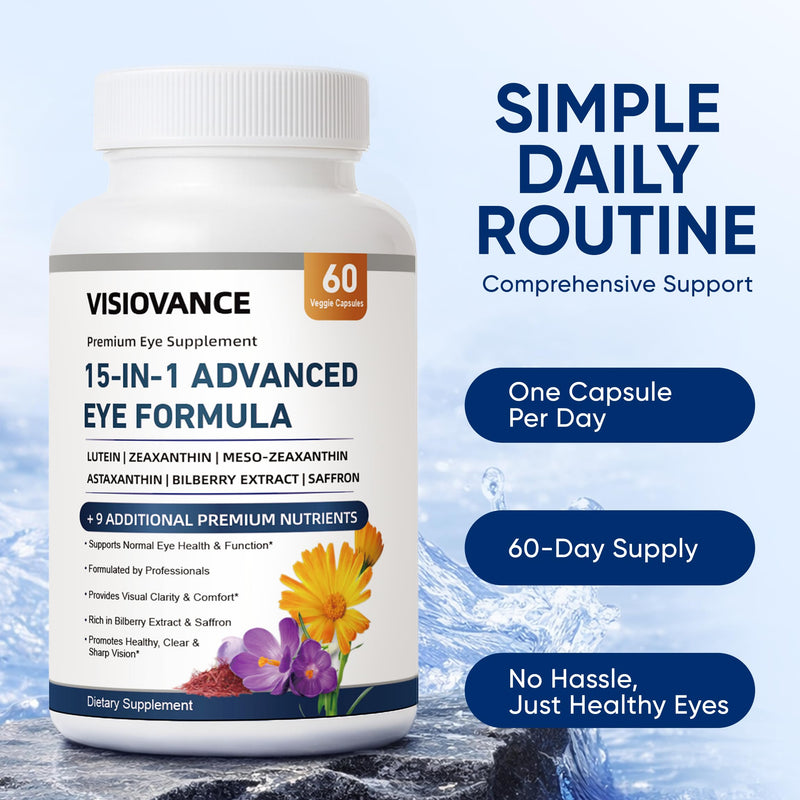 15 in 1 Advanced Eye Formula, Neurobella Eye Vitamin and Mineral Supplement for Adults & Seniors, with Lutein, Astaxanthin, Vitamin C/E, Bilberry, Promotes Eye Health, Reduces Dryness, 60 Capsules