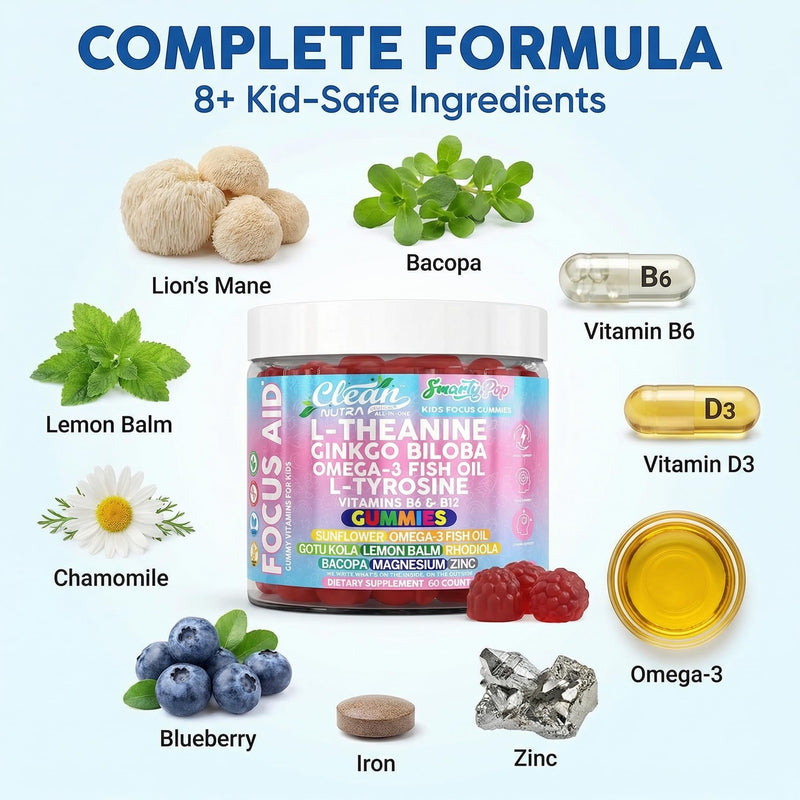 Clean Nutra Kids Focus Gummies with L-Theanine, Ginkgo Biloba, Omega-3 Fish Oil, L-Tyrosine, Vitamin B6, B12-60 Count, Clean Label, Non-GMO, Vegan-Friendly SmartyPop Formula for Kids Support
