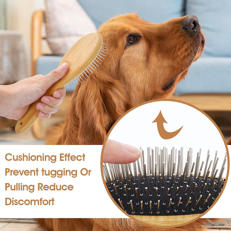 Dog Pin Brush, Airbag Grooming Wooden Comb Pet 20mm Stainless Steel Round Pin Slicker Brush with Bamboo Handle for Removing Shedding Tangles Dead Undercoat - BeesActive Australia