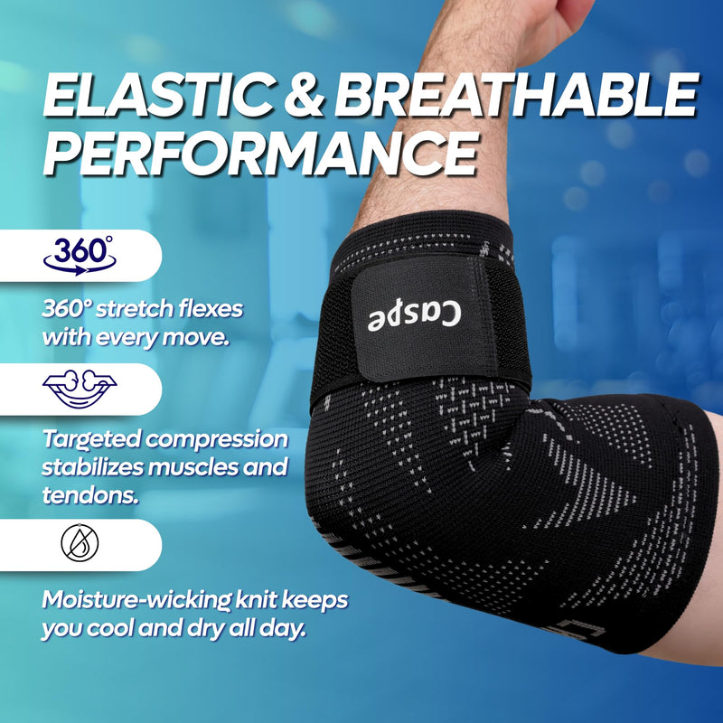 Caspe 2 Pack Elbow Compression Sleeve with Strap – Compression Sleeves for Women & Men, Arm Support, Elbow Brace for Tendonitis Relief, Support for Weightlifting & Workouts (Black) Large