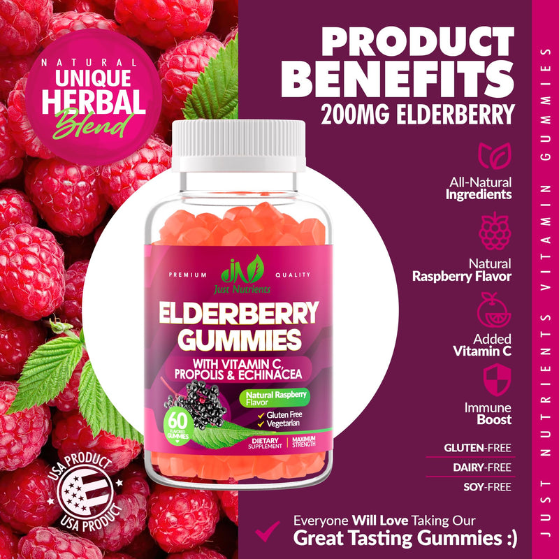 Elderberry Gummies with Vitamin C, Echinacea, Propolis (60 count) | Immune Support for Adults & Kids - Maximum Strength, Great Tasting Raspberry Flavor - Gluten-Free, Vegan 60 Count (Pack of 1)