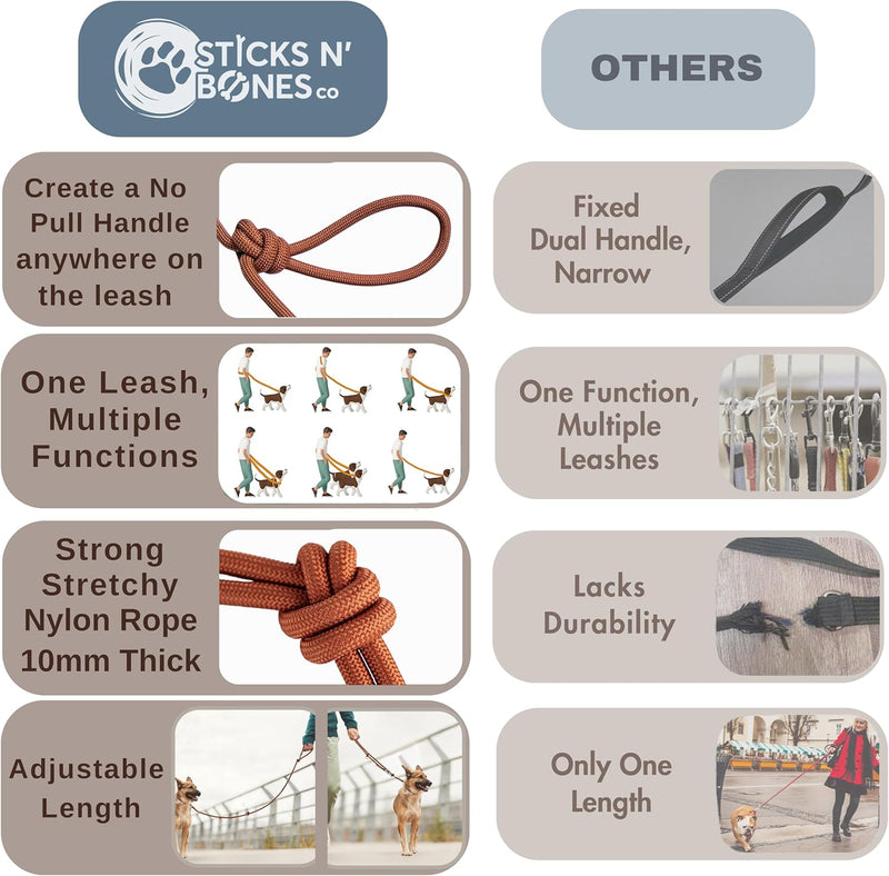 Sticks N' Bones co Hands Free Dog Leash Waist Leash for Dog Walking Running Crossbody, Multifunctional Dog Leash Adjustable Heavy Duty Leash 2 Dogs Dual Handle Slip Lead Puppy Training Leash 8.2 FT (from Clasp to Clasp) x 10mm Honey Brown - BeesActive Australia
