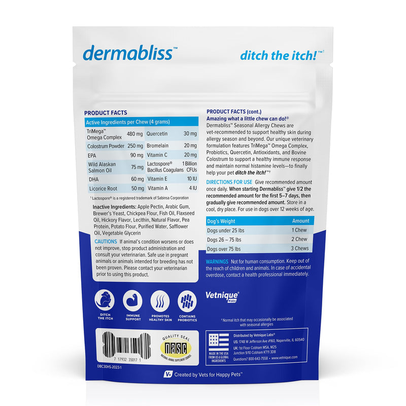 Vetnique Dermabliss Dog Allergy Anti Itch Spray (4oz) & Dermabliss Itch Relief Allergy Soft Chew Supplement (30ct) - PawsPlanet Australia