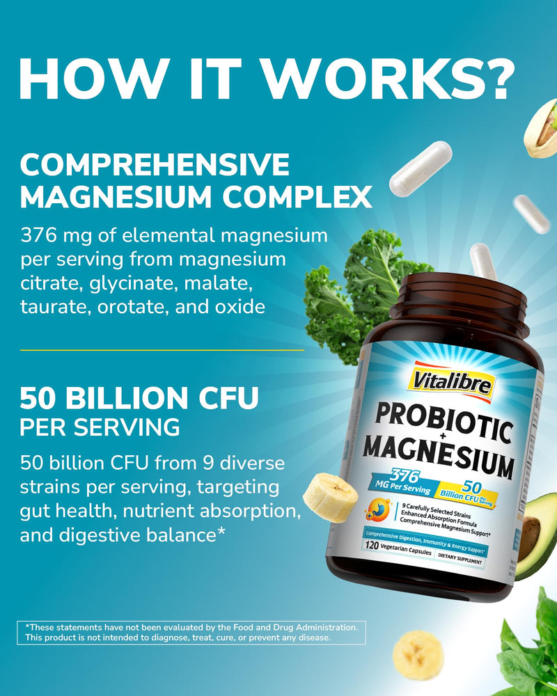 Vitalibre Probiotic with Magnesium Complex for Women Men, 50 Billion CFU, 9 Strains, Magnesium Glycinate Citrate Malate for Digestion, Immunity, Bone, Energy & Recovery, 120 Vegan Capsules, Non-GMO Unflavored 120 Count (Pack of 1)