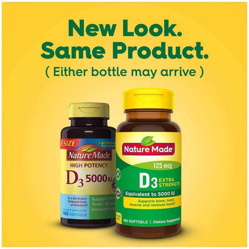 Nature Made Extra Strength Vitamin D3 5000 IU (125 mcg), Dietary Supplement for Bone, Teeth, Muscle and Immune Health Support, 180 Softgels, 180 Day Supply 180 Count (Pack of 1) - BeesActive Australia