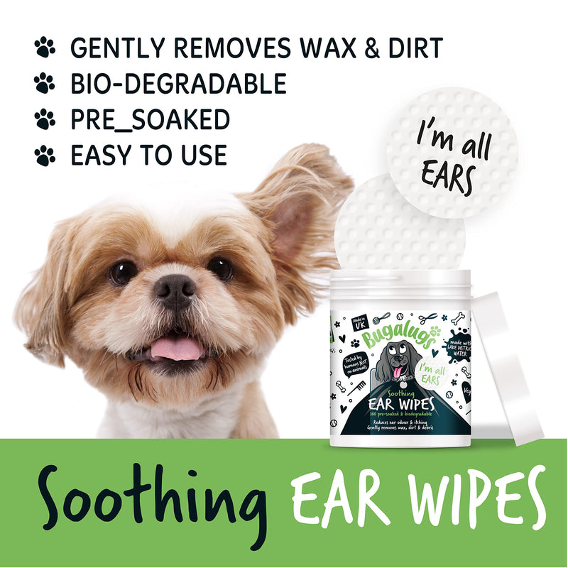BUGALUGS Dog Ear Cleaner Dog Wipes 100 Biodegradable textured pre-soaked dog ear wipes. Pet Wipes Dog Ear Cleaner Solution Stops Head Shaking, Itching & Waxy Ears
