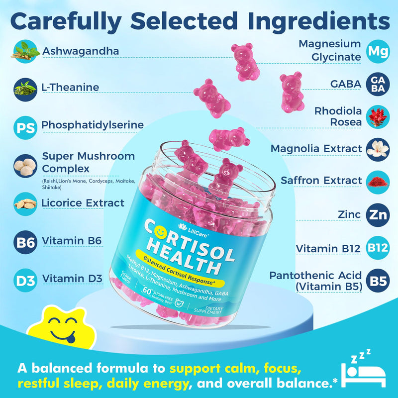 Cortisol Gummies for Women & Men, Sugar Free Cortisol Reducer Supplements w/ Magnesium, Ashwagandha, Mushroom, L-theanine, Rhodiola, Vitamin B6 B12 for Cortisol Detox, Relax, Sleep Support 2 Pack 60 Count (Pack of 2)