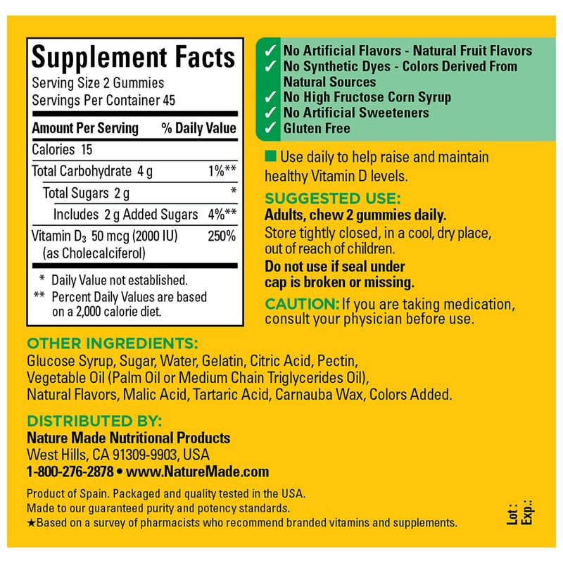 Nature Made Vitamin D3 2000 IU (50 mcg) per serving, Dietary Supplement for Bone, Teeth, Muscle and Immune Health Support, 90 Gummies, 45 Day Supply 031604028442 90 Count (Pack of 1) - BeesActive Australia