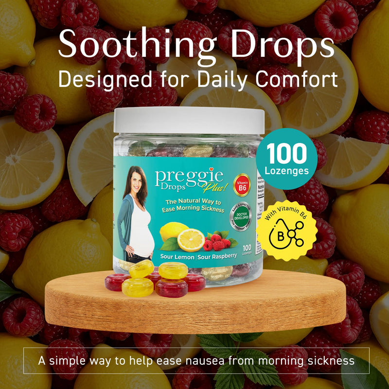 Three Lollies Preggie Pop Drops Plus Pregnancy Candy, Sour Mix, 100 Count | Pregnancy support candy with vitamin B6 and essential oils; sour raspberry and lemon flavors, 100 count. Sour Raspberry & Sour Lemon 100 Count (Pack of 1)