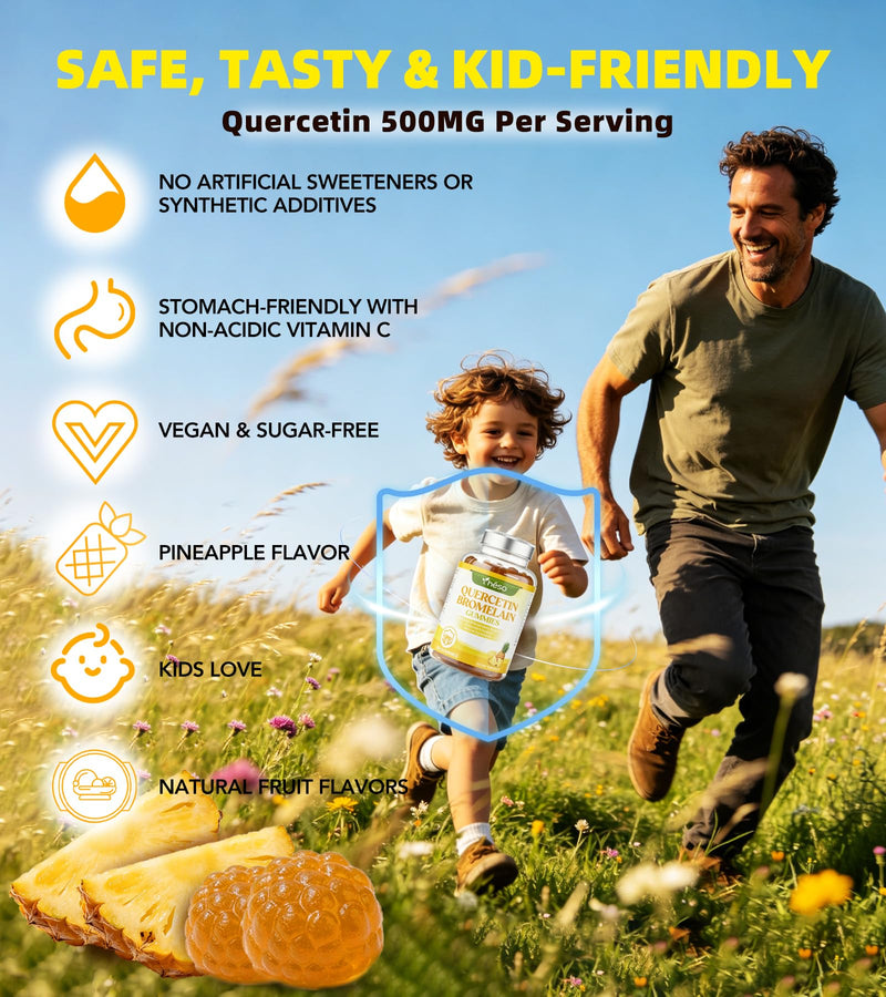 Quercetin Gummies 500mg with Bromelain, Vitamin C, D3 & Zinc – Sugar Free Immune Support Supplement – Antioxidant Complex with Pineapple Enzyme, 60 Gummies (30 Servings) 60 Count (Pack of 1)