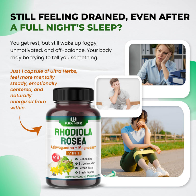 Rhodiola Rosea Supplement Enriched with Ashwagandha, Magnesium, L-Theanine, St. John's Wort, Lemon Balm - Support Mood, Sleeps Quality, and Mental Focus | 150 Capsules 150 count (pack of 1) - BeesActive Australia