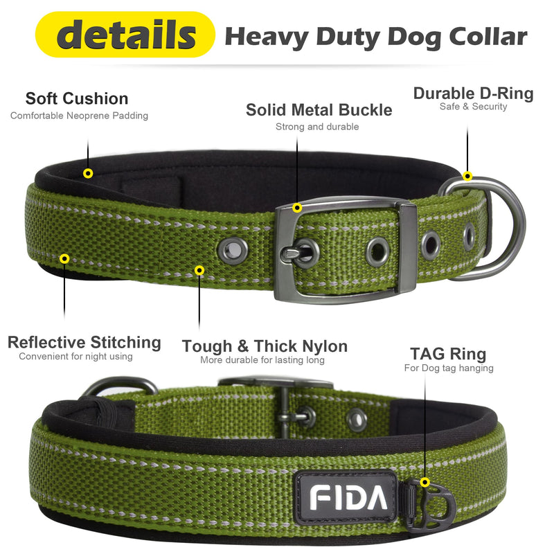 Fida Heavy Duty Dog Collar for Medium Dogs, Ultra Comfortable Soft Neoprene Padded, Adjustable Reflective Nylon Pet Collar with Durable Metal Belt Buckle for Medium Breeds (M, Green) Medium(14.5"-19") Military Green - BeesActive Australia