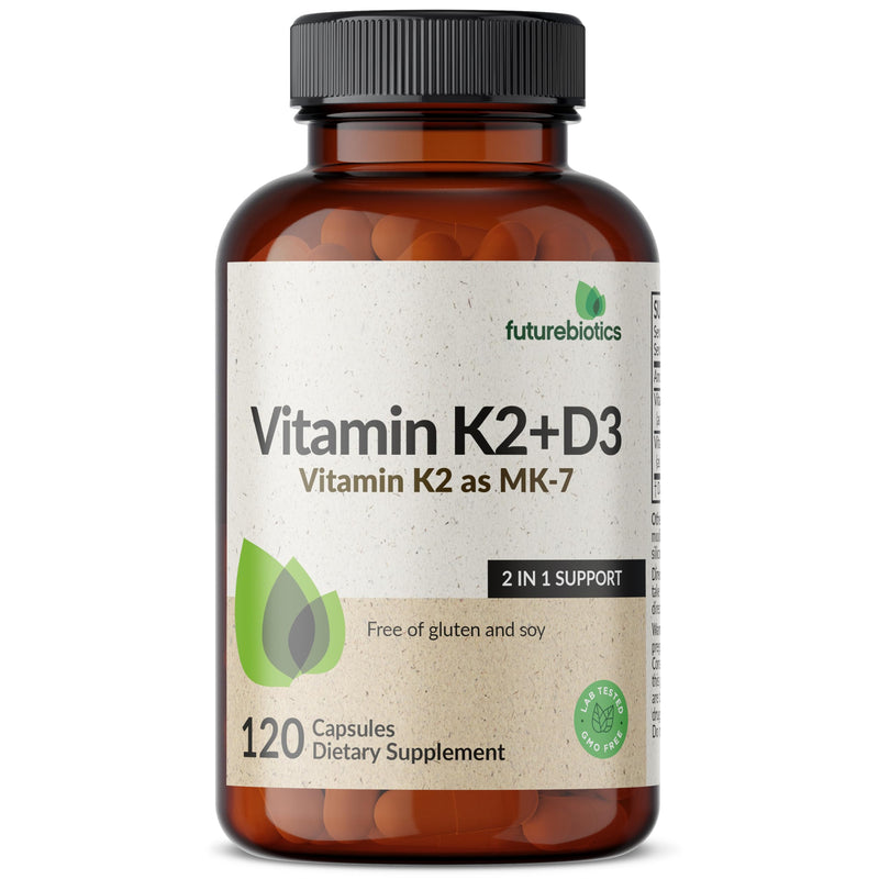 Futurebiotics Vitamin K2 MK-7 90 mcg + D3 5000 IU, 120 Vegetarian Capsules | 2-in-1 Bone, Immune & Heart Health Support, Helps Transport Calcium to Bones, Non-GMO, Gluten-Free & Soy-Free 120 Count (Pack of 1)