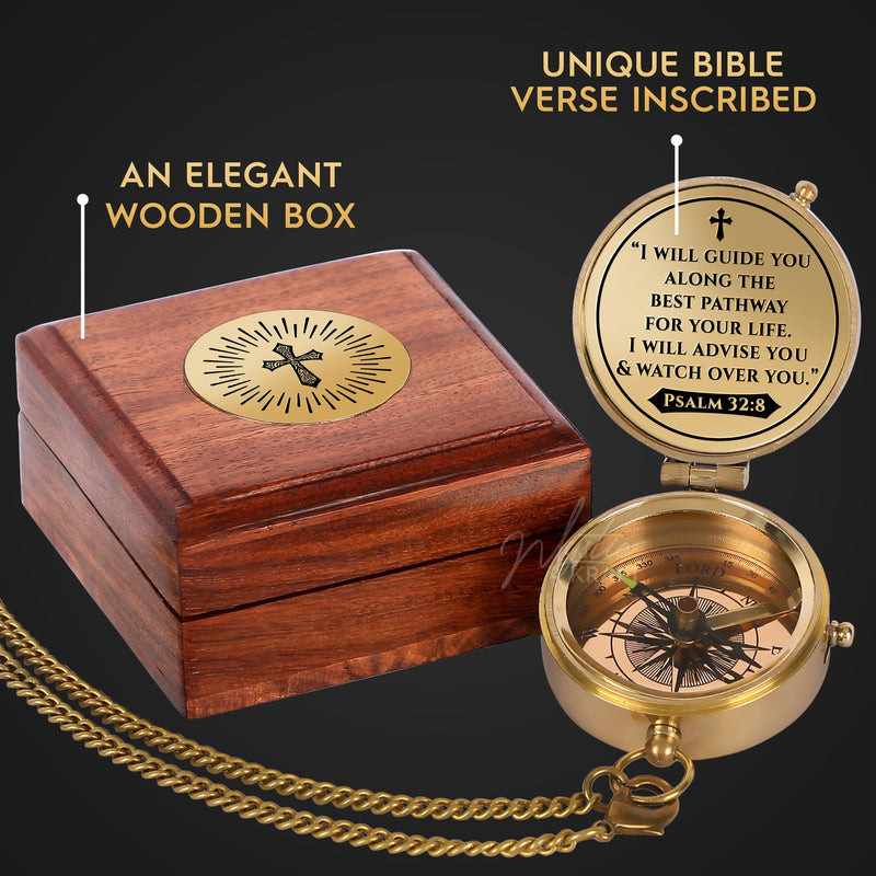 Engraved Brass Pocket Compass Gift - Psalm 32:8, First Communion Gifts, Baptism Gifts for Boys, Confirmation Gifts, Gifts for Men, Catholic Religious Christian Easter Gifts for Kids - BeesActive Australia