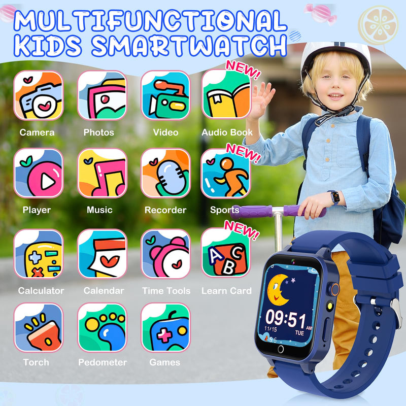 Moremore Smart Watch for Kids with 39 Games, Kids Watch with Touch Touchscreen Alarm Clock, HD Camera, Pedometer, Gifts Toys for Ages 3-12 Years Old for Boys Girls (Blue) Blue
