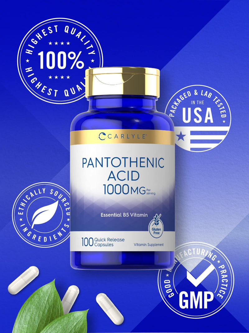 Carlyle Pantothenic Acid Vitamin B5 | 1000mg | 100 Capsules | Non-GMO, Gluten Free Supplement