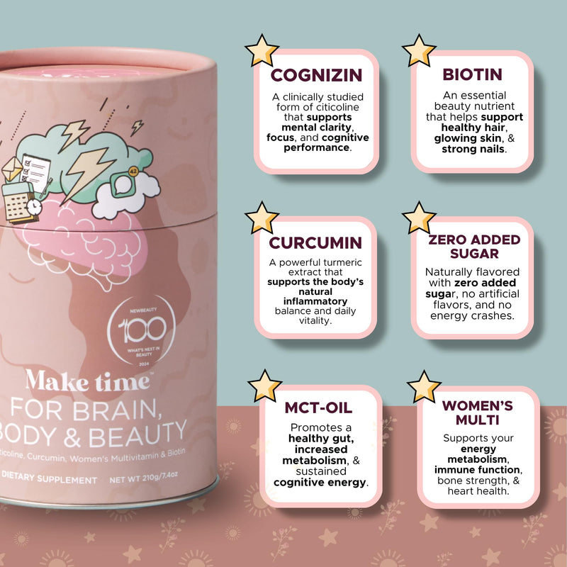 MAKE TIME Brain Health Powder Supplement for Women for Mood, Focus & Energy Boost | Cognizin, Biotin, Vitamin B6, B12, MCTs, Acetyl-L-carnitine, and Curcumin 7.4 oz (30 Servings)