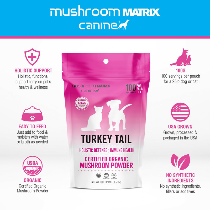Om Mushroom Matrix Pet - Canine | Turkey Tail | USA Grown Human-Grade Organic Mushroom Powder Pet Supplement | Immunity Support & Holistic Defense for Dogs & Cats | 100 Grams, 3.5 oz - PawsPlanet Australia