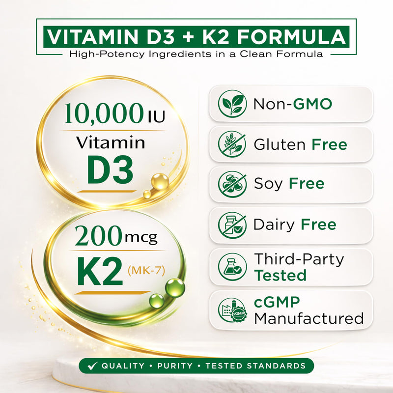 Vitamin D3 K2, 10,000 IU D3 + 200 mcg K2 MK-7, 300 Softgels | 10,000 IU Vitamin D3 + 200 mcg Vitamin K2 MK-7 per serving; Enhanced with Coconut Oil; Non-GMO, Gluten-Free