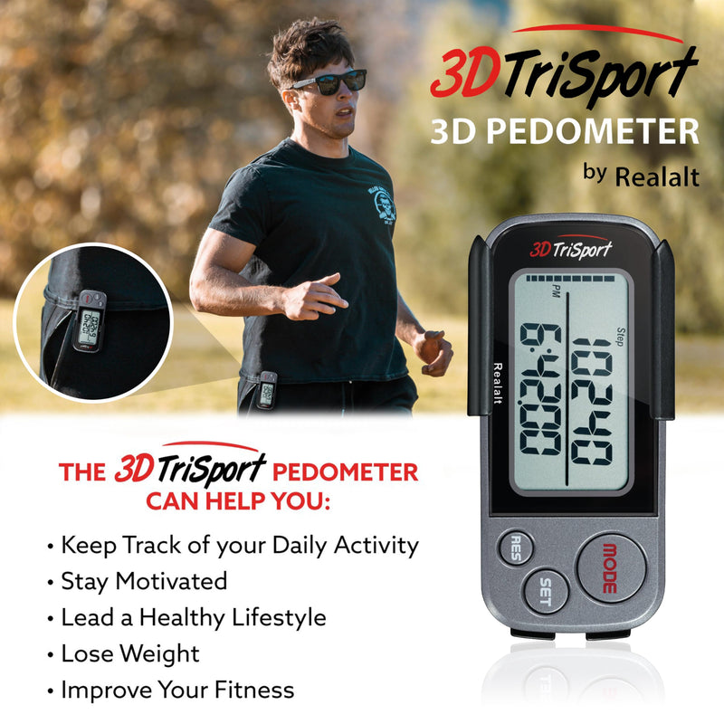 Realalt 3DTriSport 3D Walking Pedometer with Clip & Strap, Accurate Step Counter with 30-Day Memory, Distance in Miles/KM with Large Display Perfect for Seniors & Beginners, eBook Included One Size Grey - BeesActive Australia