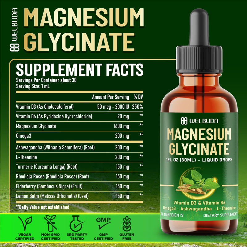 10in1 Magnesium Glycinate Liquid Drop with Omega-3, Vitamin D3, Vitamin B6, Ashwagandha, L-Theanine, Turmeric, Rhodiola Rosea, Elderberry, Lemon Balm - 1 FL Oz - 30 Days Supply