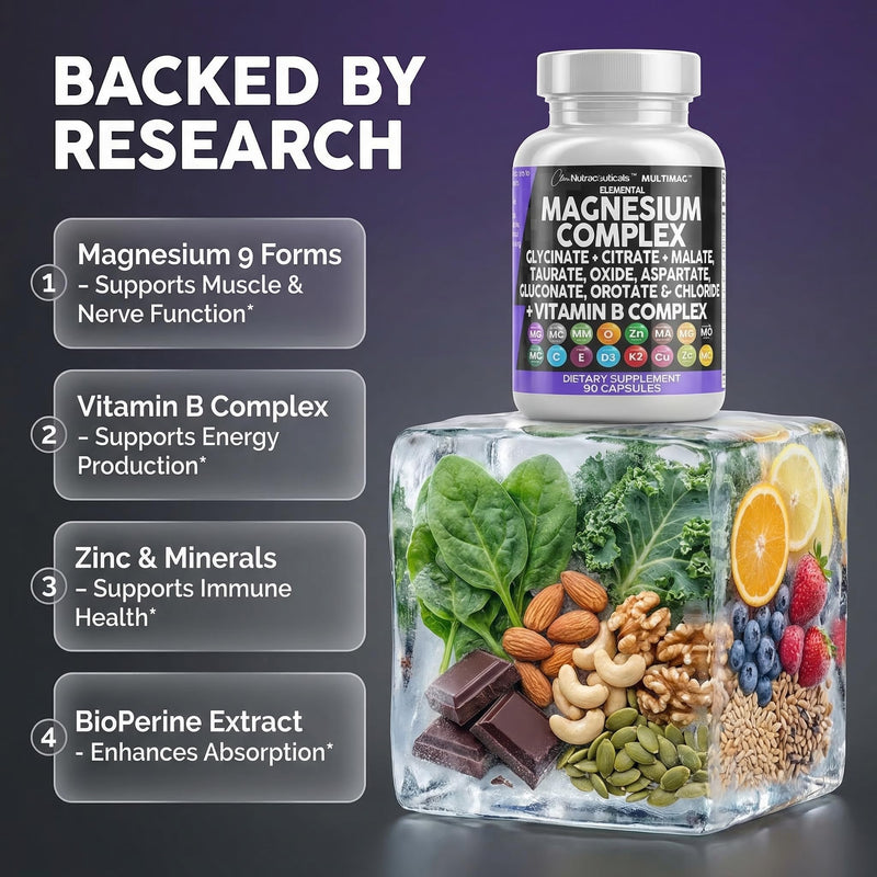 Clean Nutraceuticals Magnesium Complex with Magnesium Glycinate Citrate Malate Oxide Taurate Aspartate Orotate & Mag Chloride, Zinc Copper Manganese & Vitamin C B1 B2 B6 B12 Complex - 1Pack 90 Count (Pack of 1)