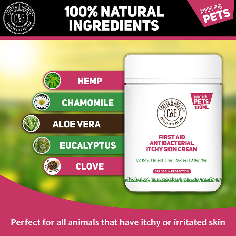 C&G Pets First Aid Antibacterial Itchy Skin Cream with SPF 50 | Natural Essential Oil | Maintains Cracked Itchy Skin | Lick Safe Non-Toxic Non-Irritant | Highly Absorbent Sun Cream for Dogs 100ml