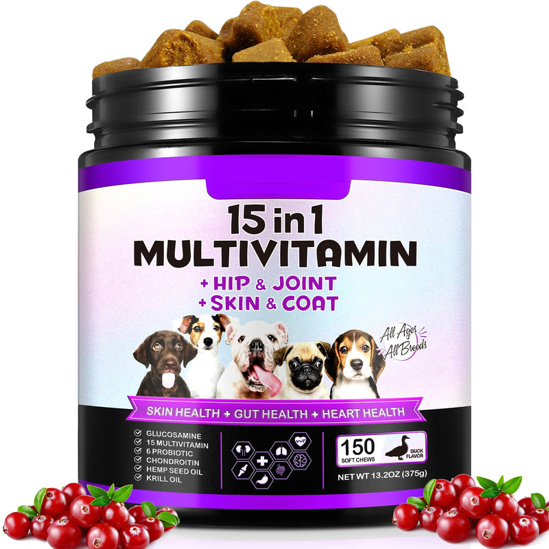 15 in 1 Dog Multivitamin Chewable, Dog Multivitamin Chews for Hip and Joint, Skin Coat, Gut Health, Immune System, 150 Chews with Duck Flavour for Small, Medium and Large Dogs (150 PCS)