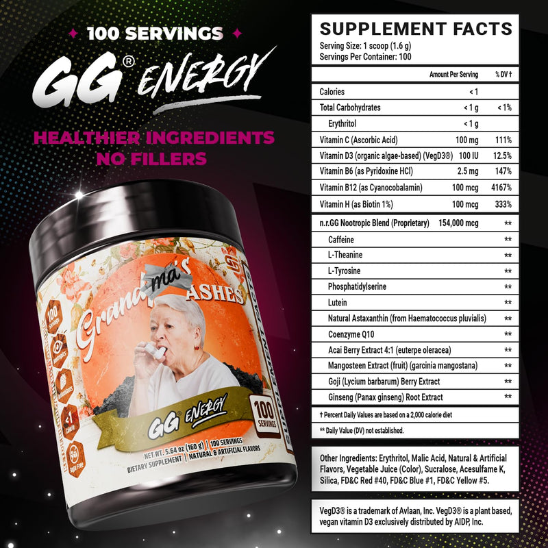 Gamer Supps GG Energy - Grandma's Ashes by Goons (100 Servings) - Keto Friendly Gaming Energy and Nootropic Blend, Sugar Free + Caffeine + Vitamins + Immune Support, Powder Drink 5.64 Ounce (Pack of 1)