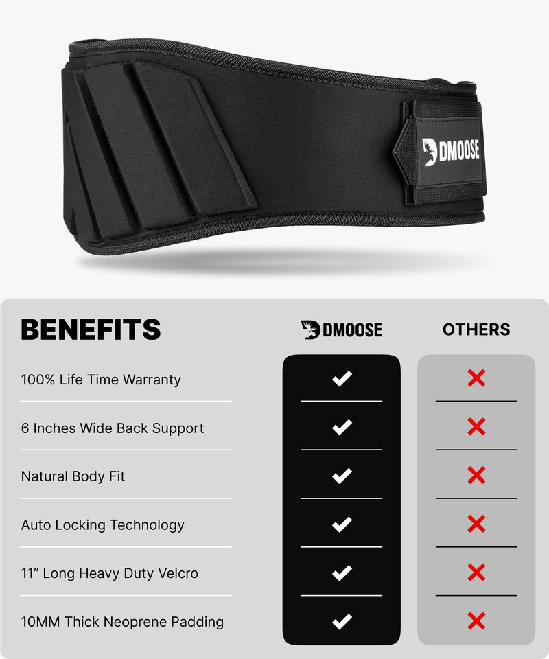 DMoose Fitness Weight Lifting Belt for Squats, Deadlift & Intense Workout - 6" Adjustable Fit Auto Lock Weightlifting Belt for Men & Women - Neoprene Gym Belts for Stability & Lumbar Back Support Black Medium