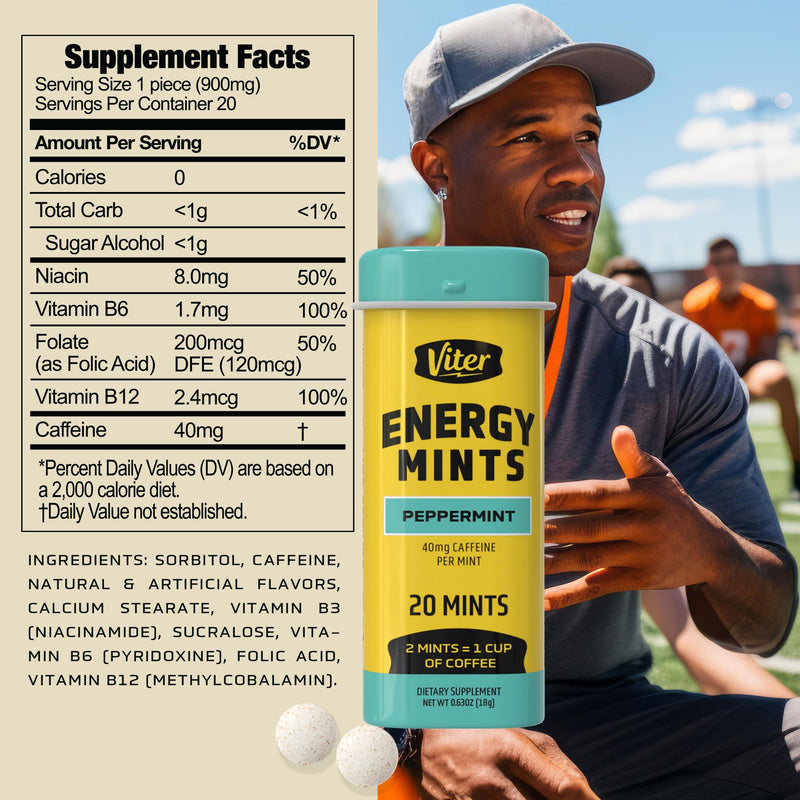 Viter Energy 40mg Caffeine Mints - Sugar Free, B Vitamins, Vegan, Boosts Fast Energized Alert Focus, Caffeinated Nootropic Supplement Pills (Peppermint Flavor, 20pcs, 6 Pack, 120pcs Total) Peppermint 20 Count (Pack of 6)