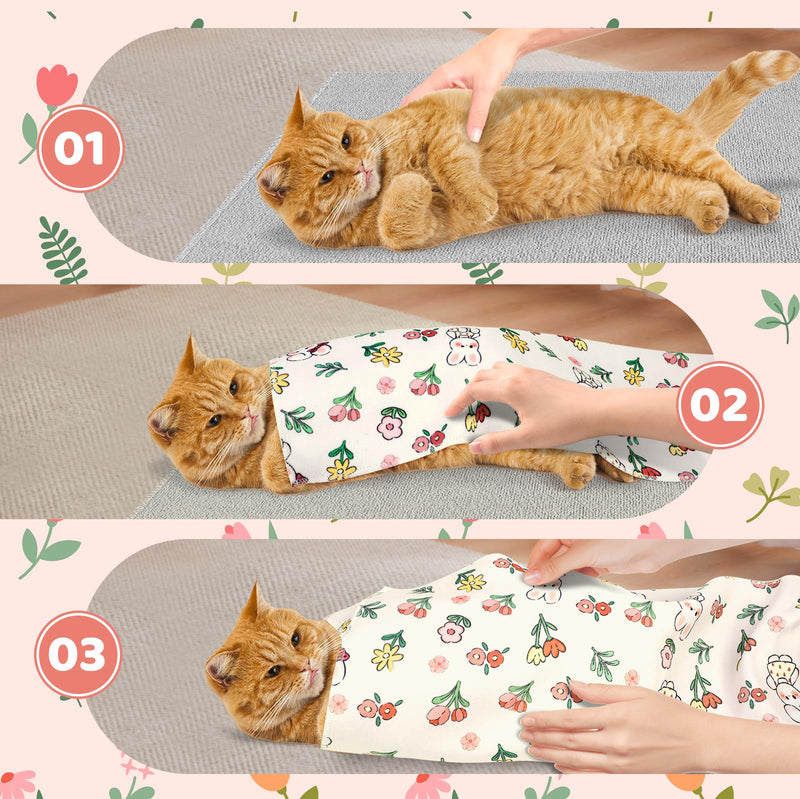 27.6" Cat Grooming Wrap for Cutting Nails, Rabbit Pattern Self-Adherent Fabric Wrap for Cats, Anti-Scratch Anti-Escape Multifunctional Cat Swaddle Tool for Teeth Brushing, Ear Cleaning L-27.6inch (within 15lbs)