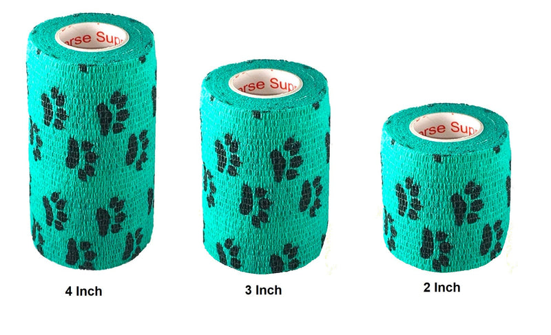 Vet Wrap Wrap Tape (Teal with Paw Prints) (2 Pack) (2 Inch x 15 feet) Self Adhesive Adherent Adhering Cohesive Flex Self Stick Bandage Grip Roll Dog Cat Pet Horse 2 Inch 2 PACK Teal With Black Paws - BeesActive Australia