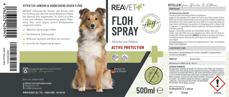 ReaVET flea spray for cats & dogs 500ml - immediate protection against fleas in case of infestation & preventive with long-term protection, flea treatment also for apartments, furniture I anti-flea spray flea spray 500ml