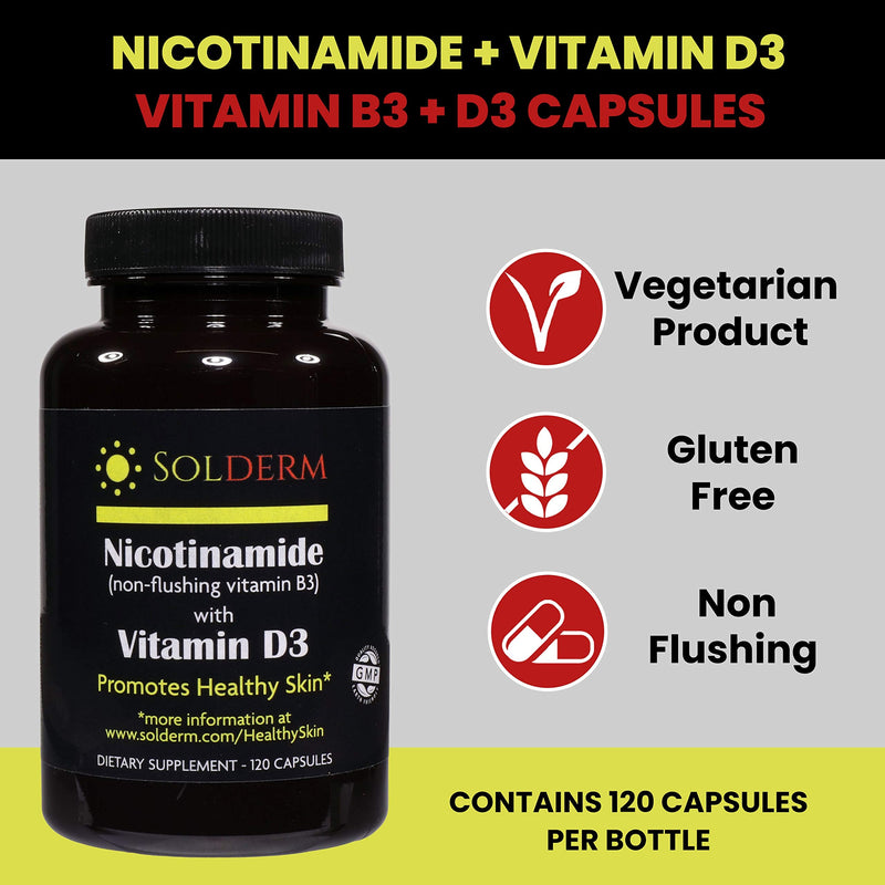 Nicotinamide Non-Flushing Vitamin B3 and D3 Supplement | Vegetarian and Gluten-Free Oral Nicotinamide Supplement with Vegetable Cellulose Casings | Promotes Healthy Skin | 60 Capsules | 500mg | Vegetarian, Gluten-Free, Vegetable Cellulose Casings, Prom...