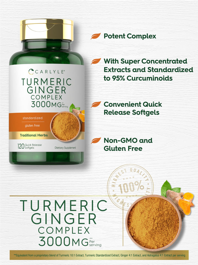 Carlyle Turmeric and Ginger Supplement 3000 mg | 120 Softgel Capsules | Turmeric Curcumin Complex | Non-GMO, Gluten Free - BeesActive Australia